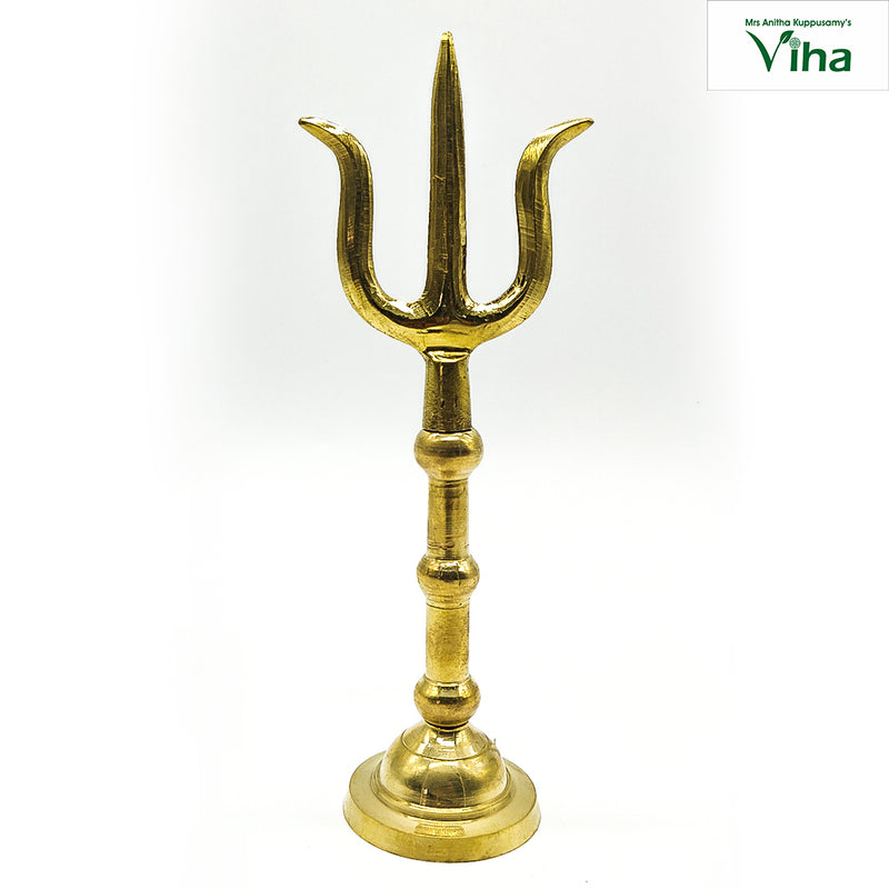 Thirisoolam Brass / Trishul / Trishool, a shiny gold-toned trident sculpture featuring three upward prongs and three bulbous rings on the stem